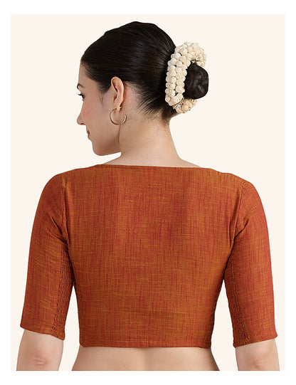 Rust Cotton Smocked Ready-Made Saree Blouse - V Neck with Elbow Sleeves
