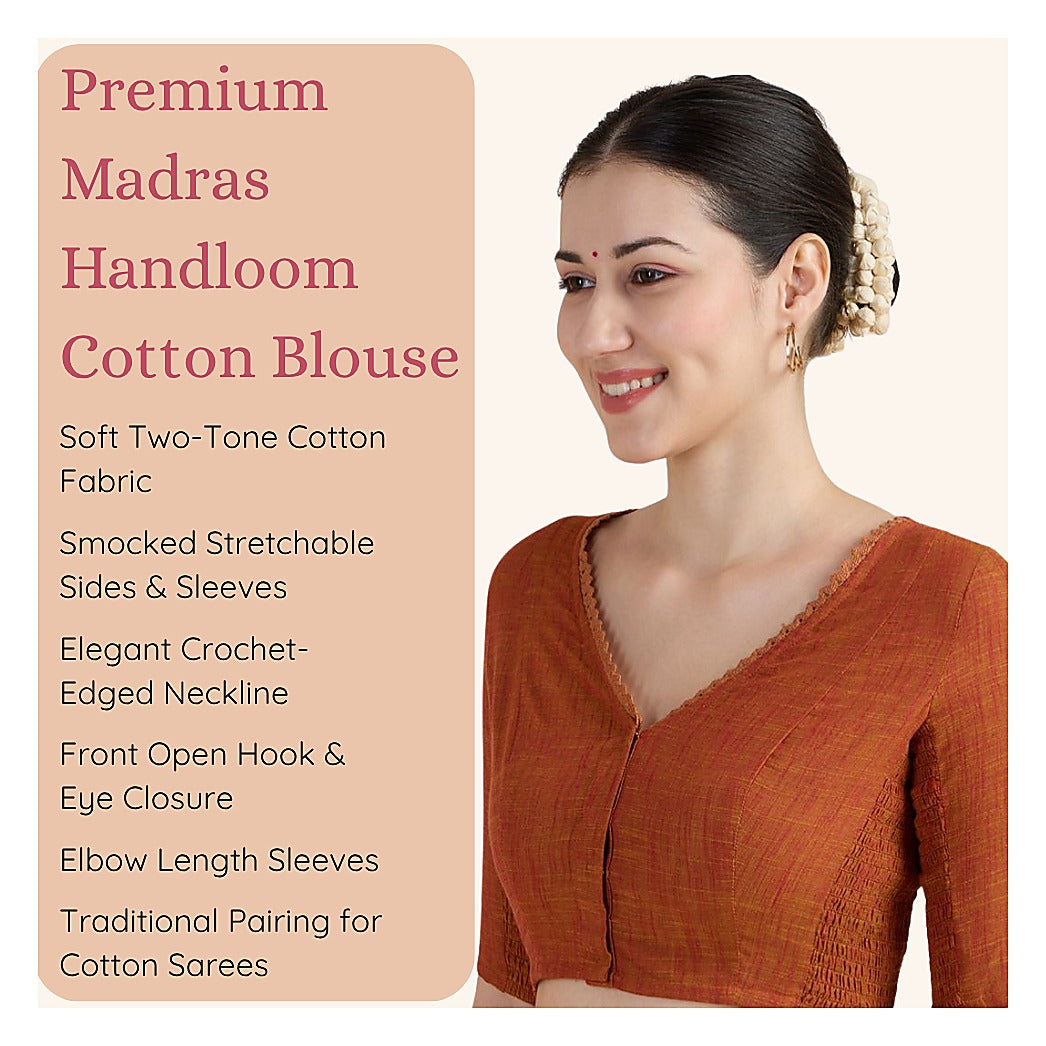 Rust Cotton Smocked Ready-Made Saree Blouse - V Neck with Elbow Sleeves