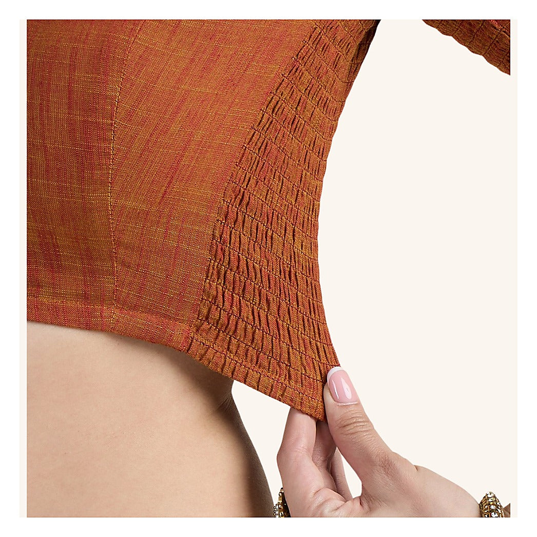 Rust Cotton Smocked Ready-Made Saree Blouse - V Neck with Elbow Sleeves