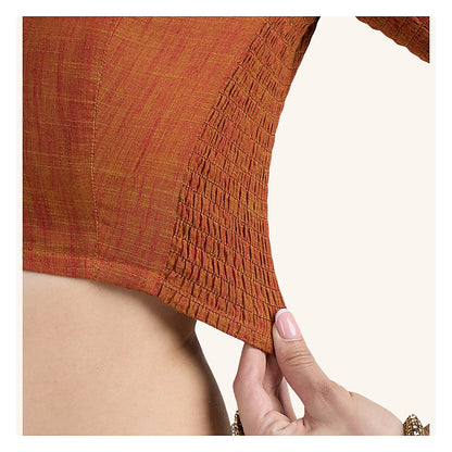 Rust Cotton Smocked Ready-Made Saree Blouse - V Neck with Elbow Sleeves