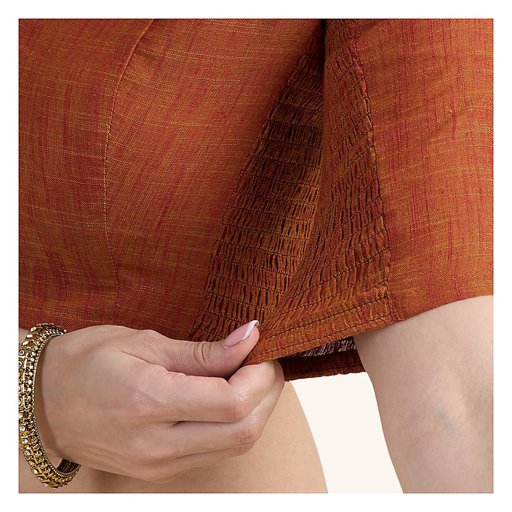 Rust Cotton Smocked Ready-Made Saree Blouse - V Neck with Elbow Sleeves