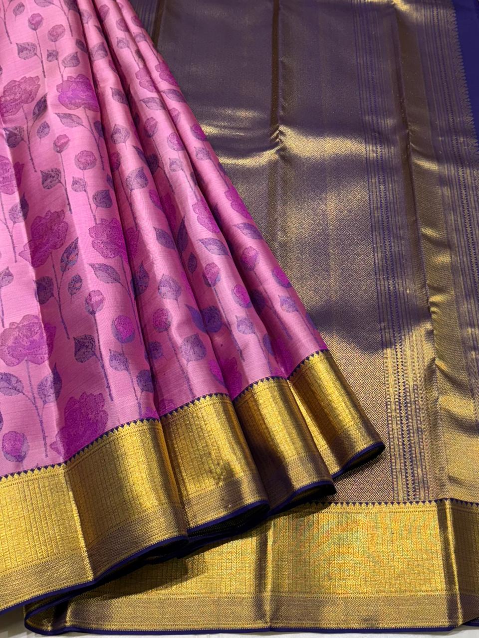 Kanchipuram pure silk saree with floral motifs and zari border – full view