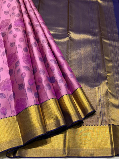 Kanchipuram pure silk saree with floral motifs and zari border – full view