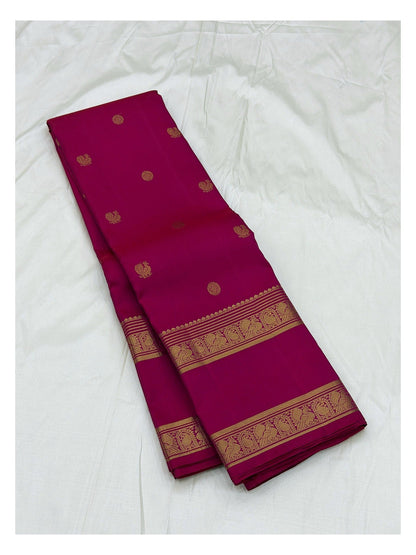 Silk Mark Certified Handwoven Kanchipuram Silk Saree in Deep Pink with Gold-Toned Elephant Border front view