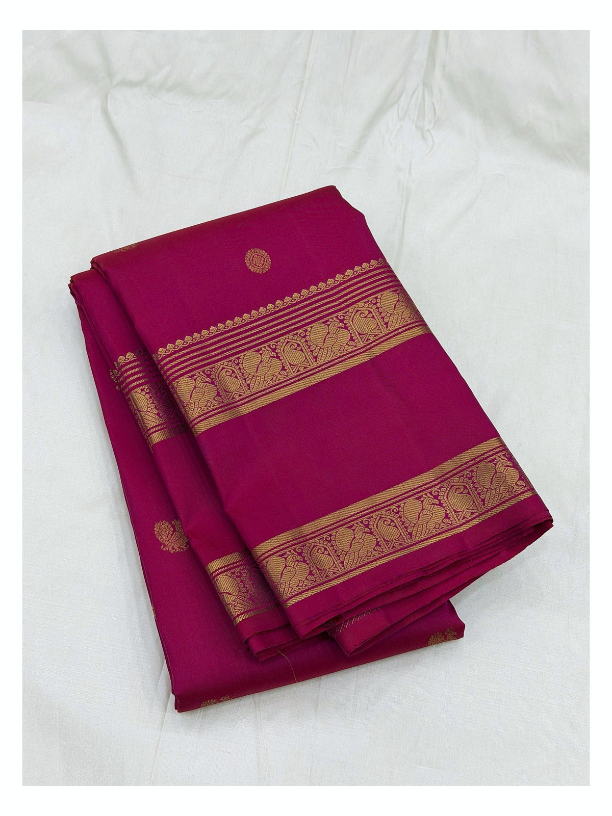 Silk Mark Certified Handwoven Kanchipuram Silk Saree in Deep Pink with Gold-Toned Elephant Border