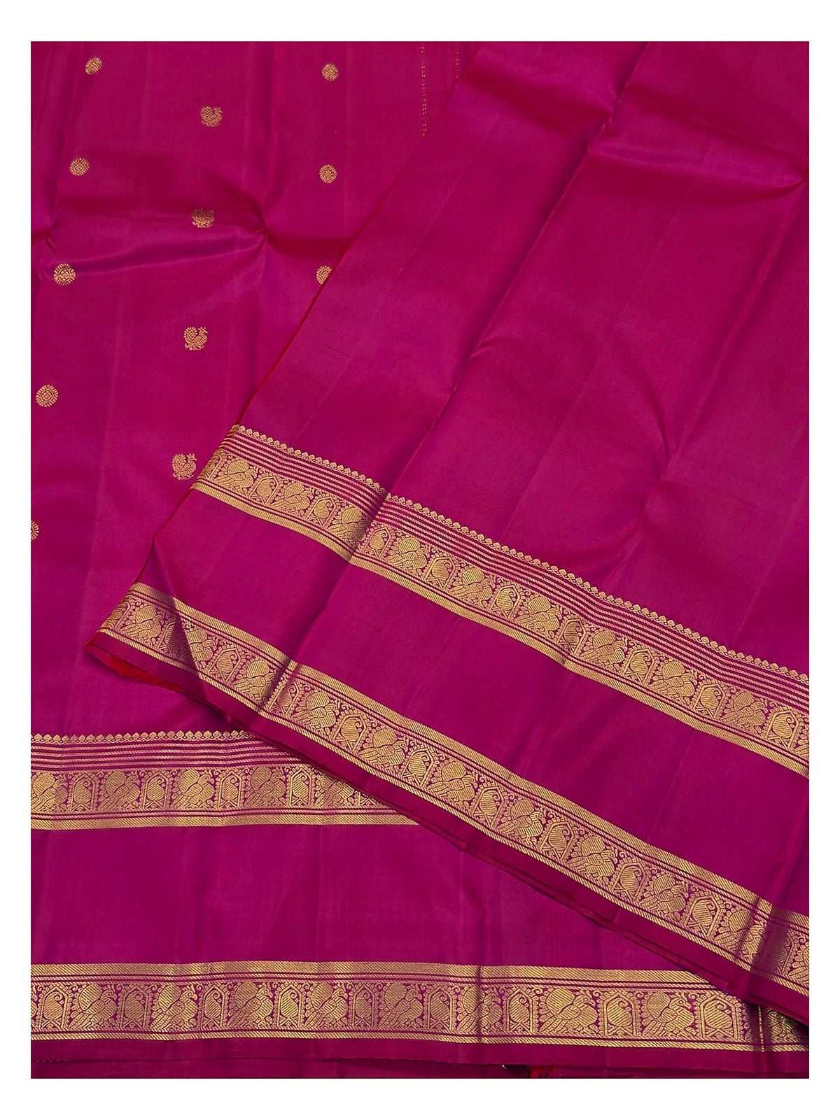 Silk Mark Certified Handwoven Kanchipuram Silk Saree in Deep Pink with Gold-Toned Elephant Border
