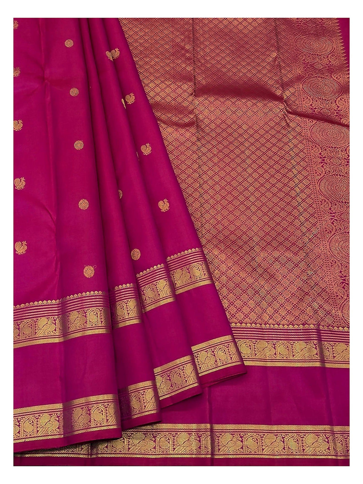 Silk Mark Certified Handwoven Kanchipuram Silk Saree in Deep Pink with Gold-Toned Elephant Border