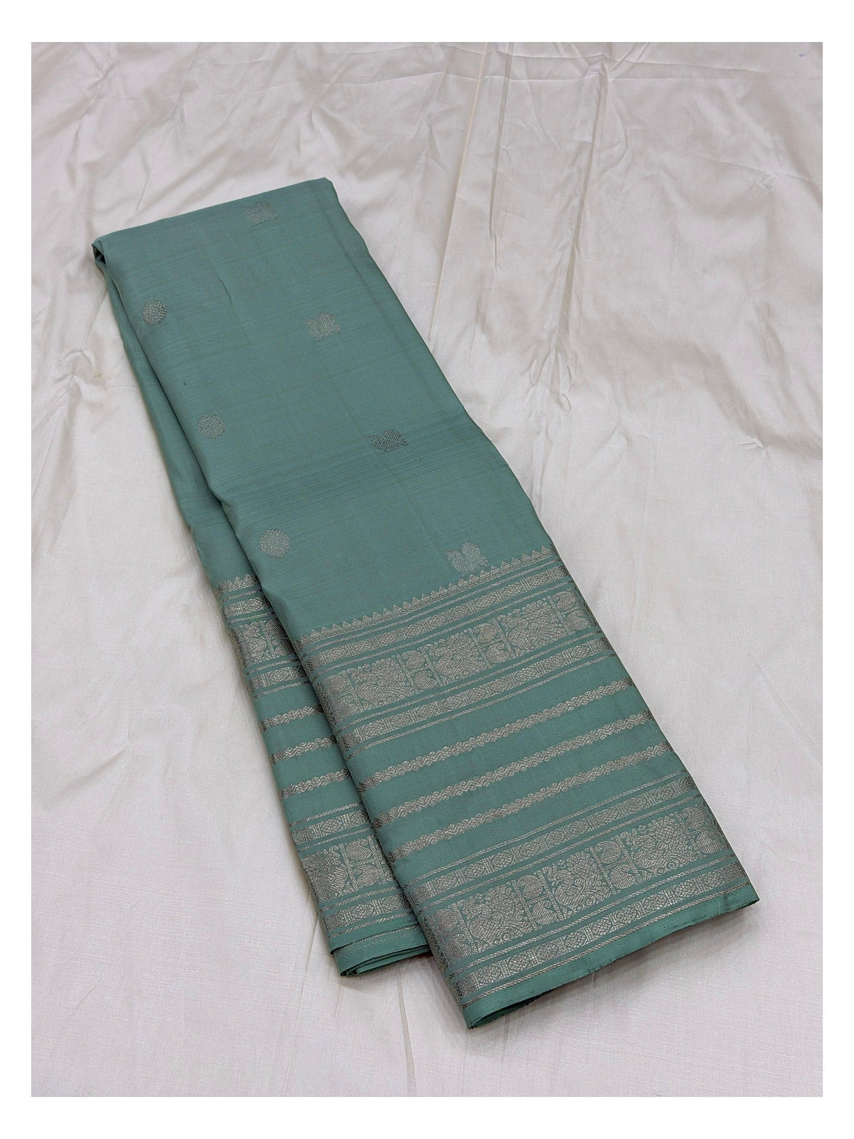 Silk Mark Certified Handwoven Kanchipuram Silk Saree in Seafoam Green with Silver-Toned Woven Border