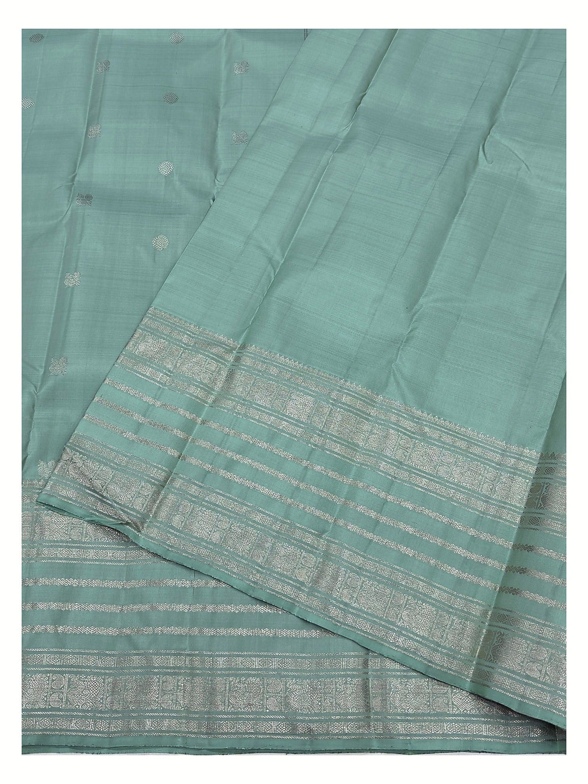 Silk Mark Certified Handwoven Kanchipuram Silk Saree in Seafoam Green with Silver-Toned Woven Border