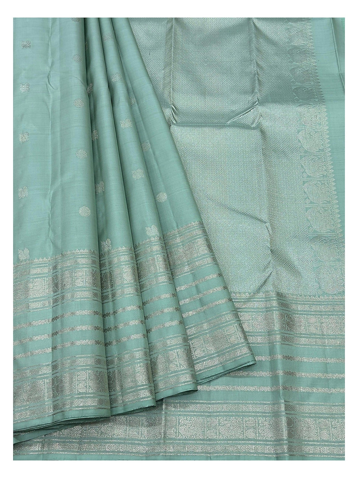 Silk Mark Certified Handwoven Kanchipuram Silk Saree in Seafoam Green with Silver-Toned Woven Border