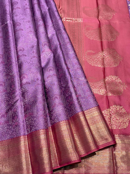 Kanchipuram pure silk saree with purple body and pink zari border – full view
