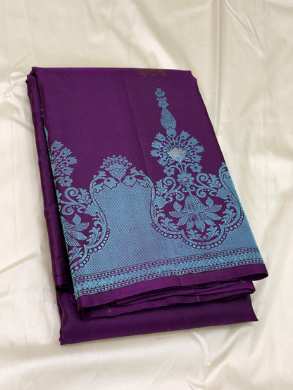 Purple Kanchipuram Pure Silk Saree with Aqua Zari Border & Gold Buttas – Handwoven & Silk Mark Certified