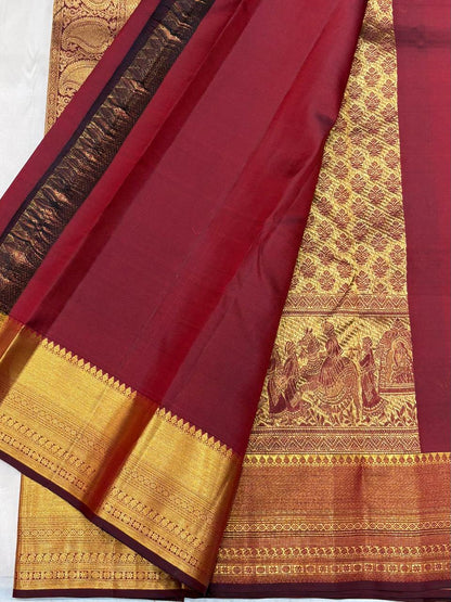 Maroon Kanchipuram Pure Silk Saree with Zari Wedding Procession Border – Handwoven & Silk Mark Certified