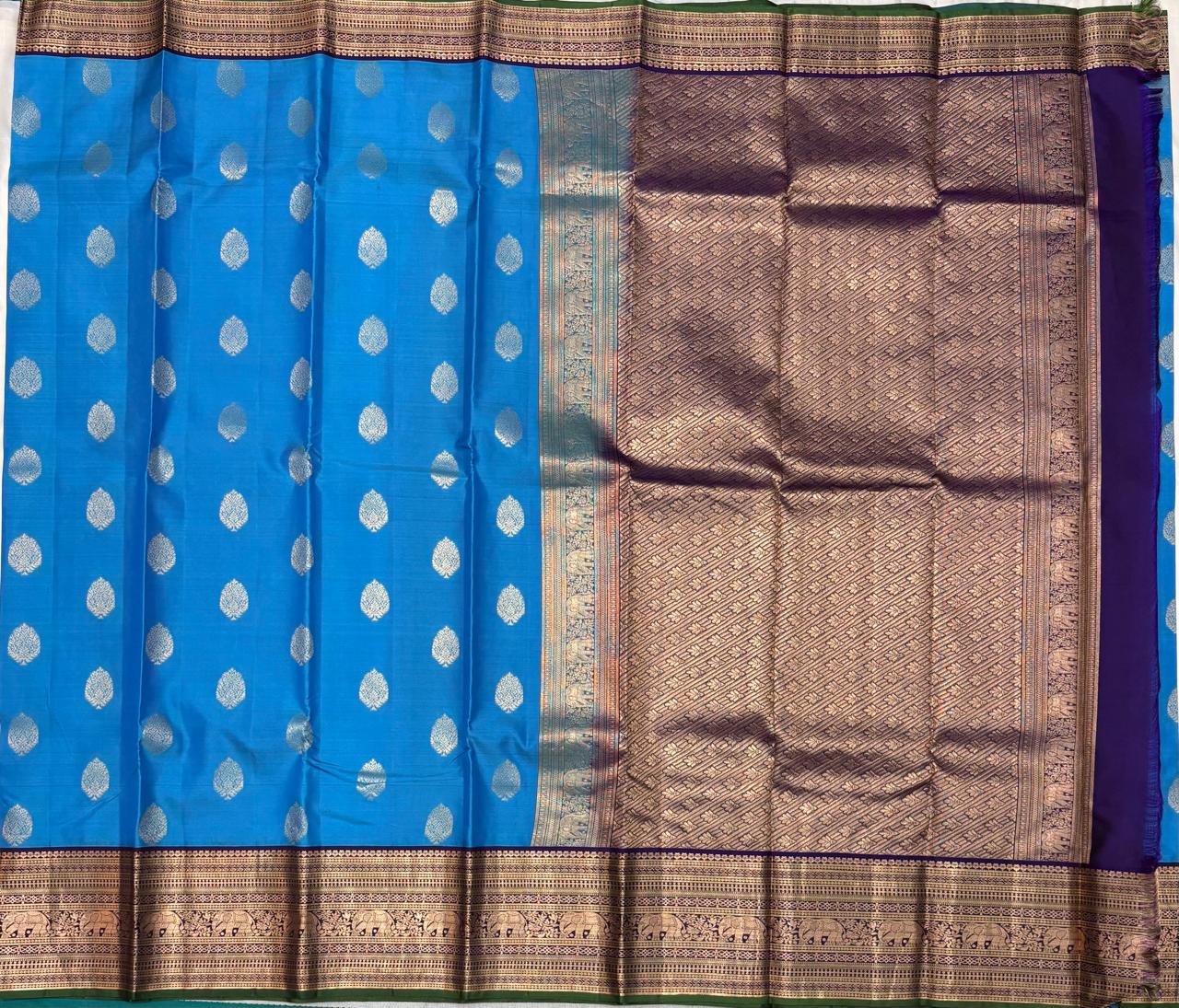 Blue Kanchipuram Pure Silk Saree with Zari Butta & Elephant Border – Handwoven & Silk Mark Certified