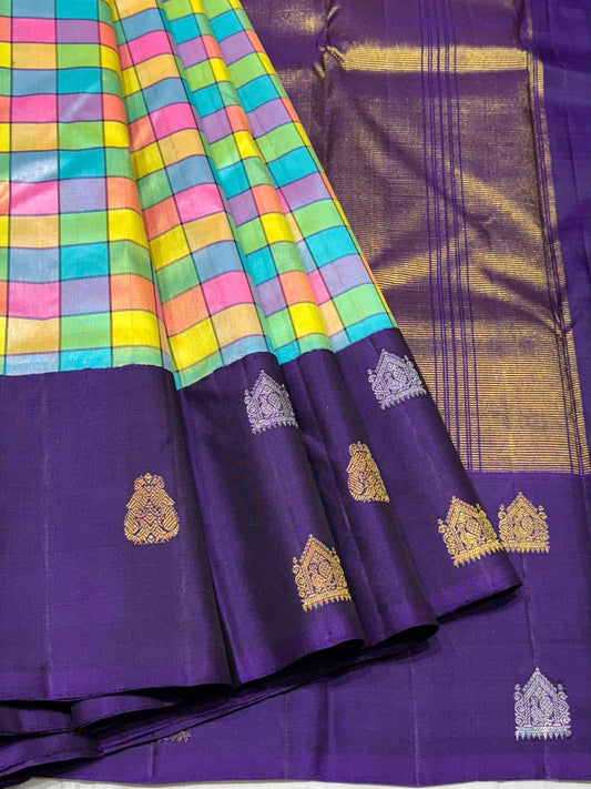 Multicolor checkered Kanchipuram silk saree with purple border and zari motifs – full view