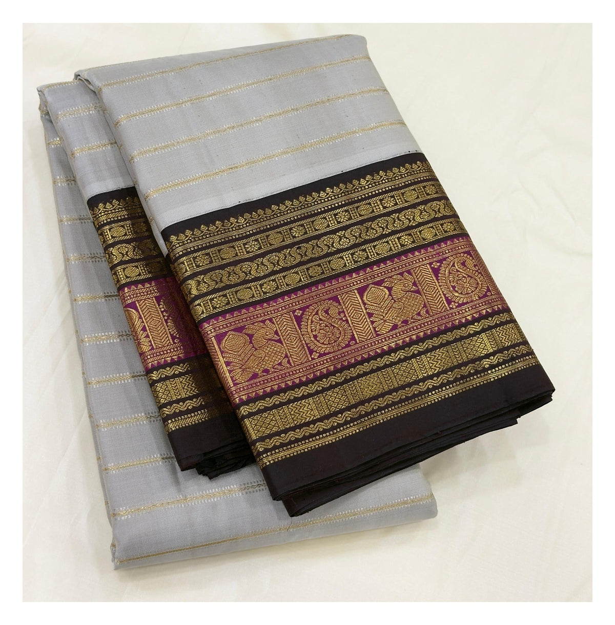 Silver Grey Handwoven Kanchipuram Silk Saree with Deep Brown Pallu and Magenta Zari Border front view