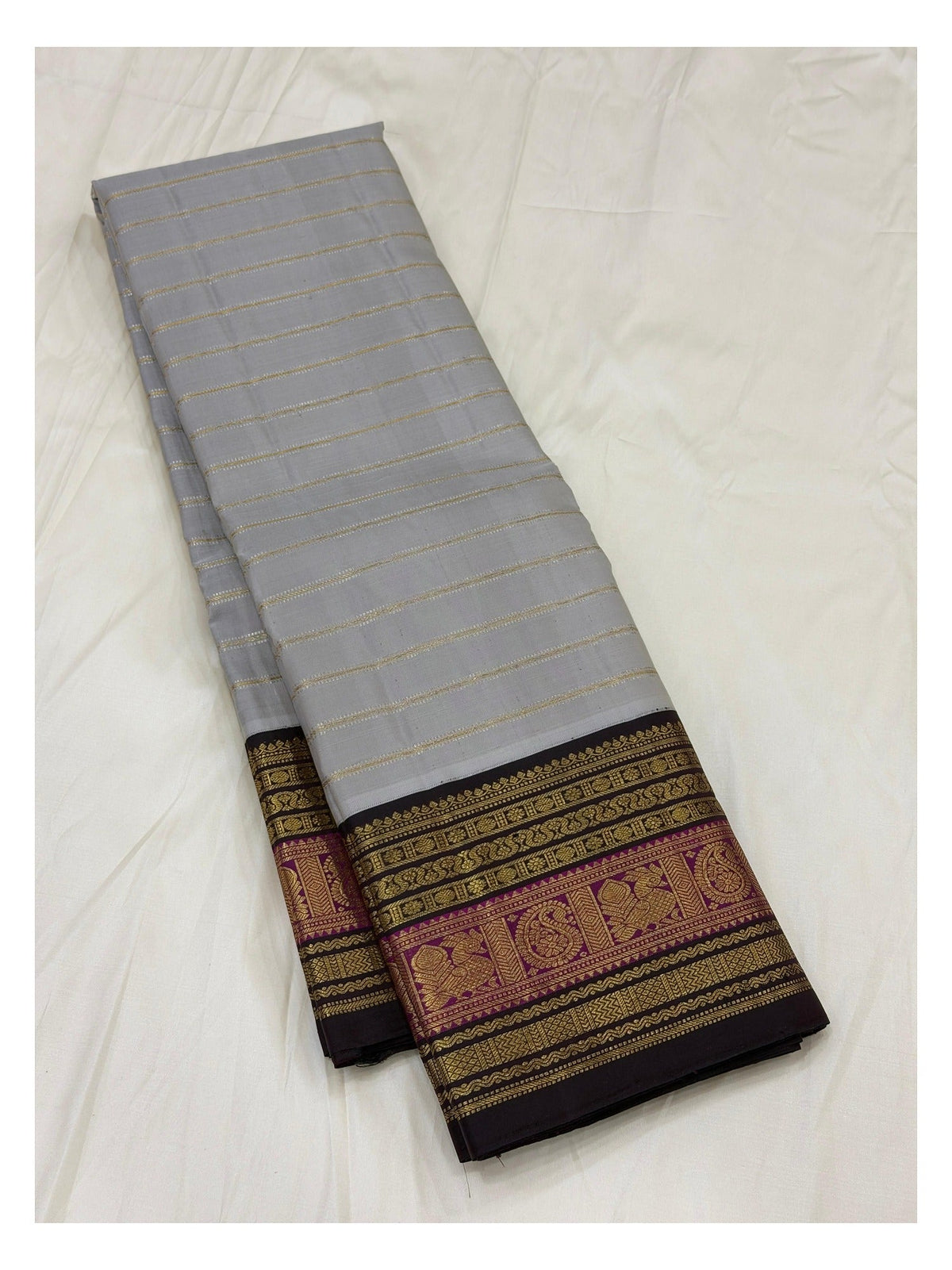 Silver Grey Handwoven Kanchipuram Silk Saree with Deep Brown Pallu and Magenta Zari Border