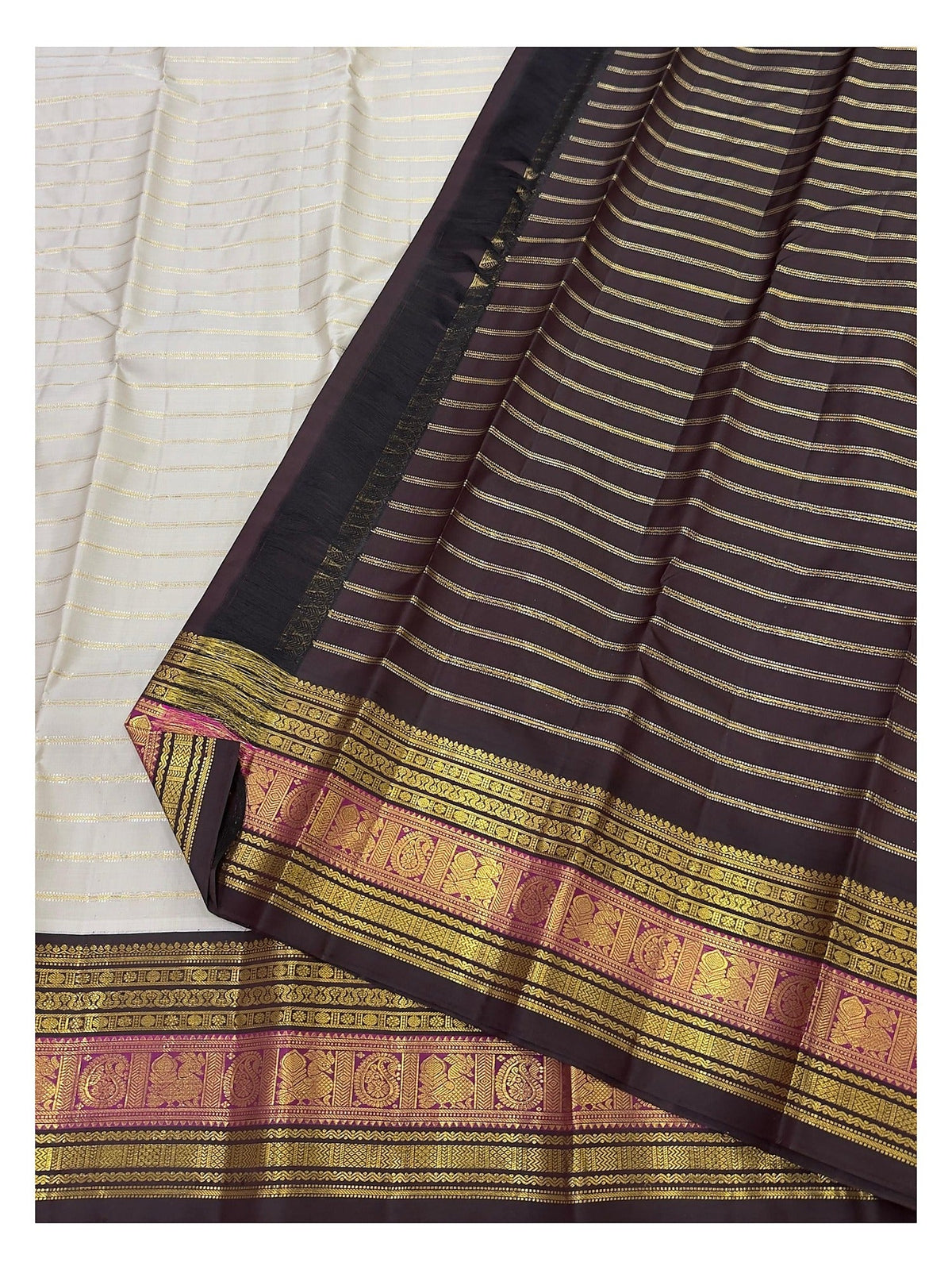 Silver Grey Handwoven Kanchipuram Silk Saree with Deep Brown Pallu and Magenta Zari Border