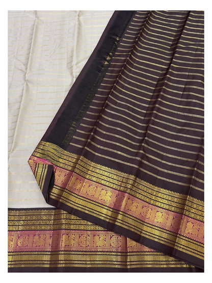 Silver Grey Handwoven Kanchipuram Silk Saree with Deep Brown Pallu and Magenta Zari Border