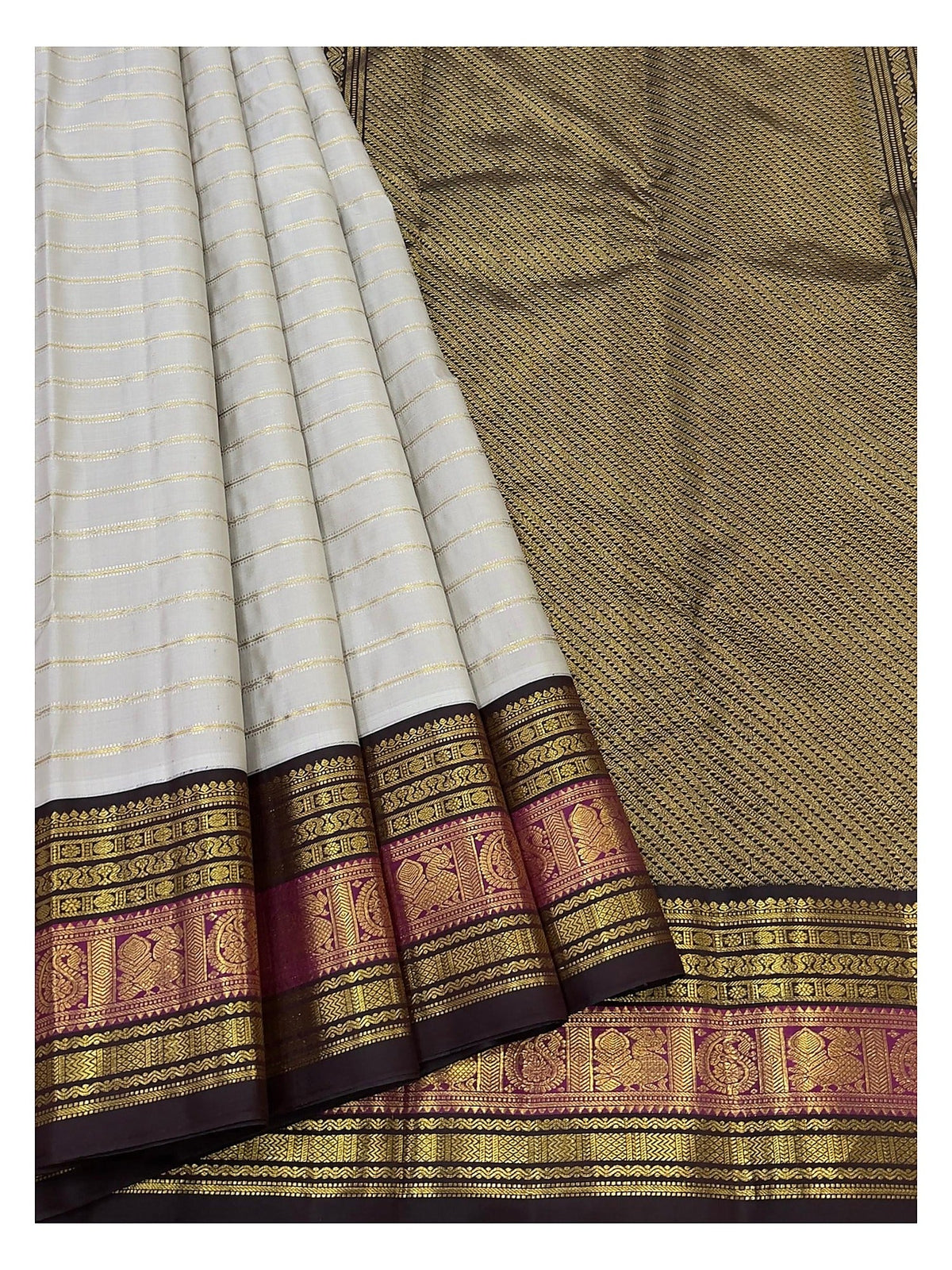 Silver Grey Handwoven Kanchipuram Silk Saree with Deep Brown Pallu and Magenta Zari Border