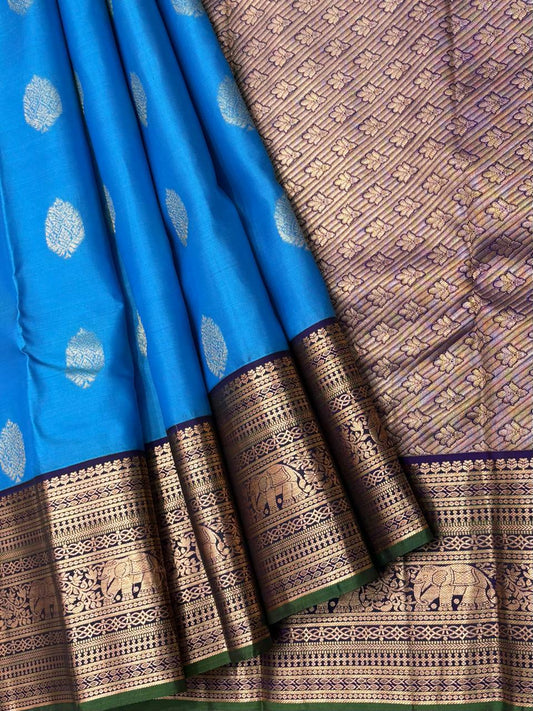 Blue Kanchipuram Pure Silk Saree with Zari Butta & Elephant Border – Handwoven & Silk Mark Certified