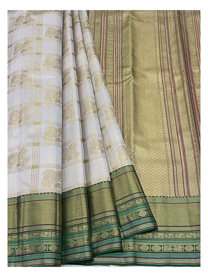 Soft Ivory Handwoven Kanchipuram Silk Saree with Gold Checked Motifs and Olive Green Zari Border front view