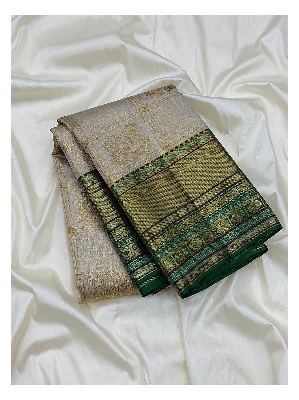 Soft Ivory Handwoven Kanchipuram Silk Saree with Gold Checked Motifs and Olive Green Zari Border