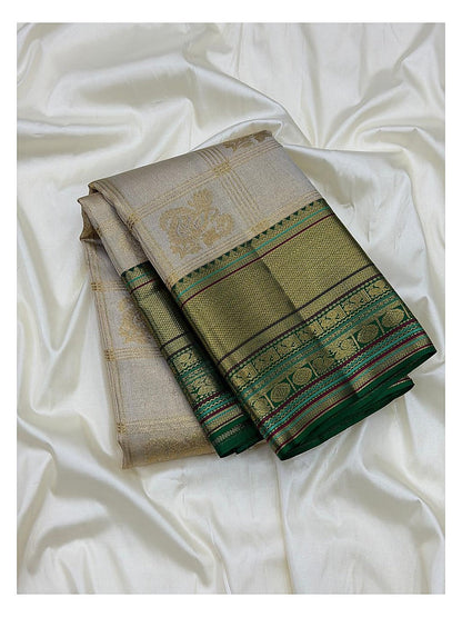 Soft Ivory Handwoven Kanchipuram Silk Saree with Gold Checked Motifs and Olive Green Zari Border