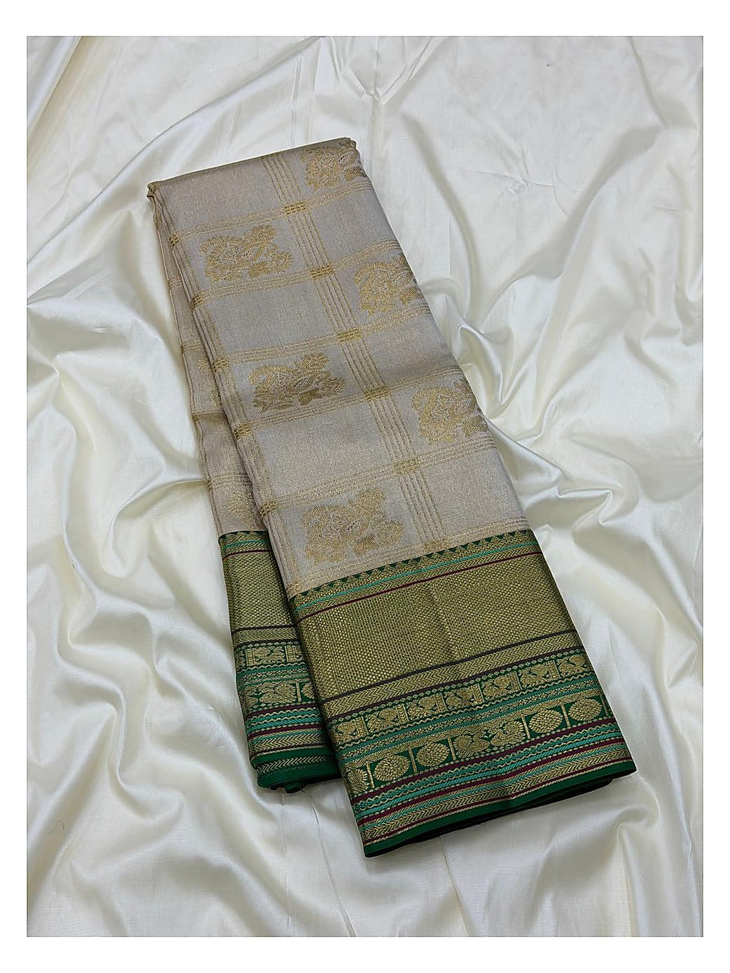 Soft Ivory Handwoven Kanchipuram Silk Saree with Gold Checked Motifs and Olive Green Zari Border