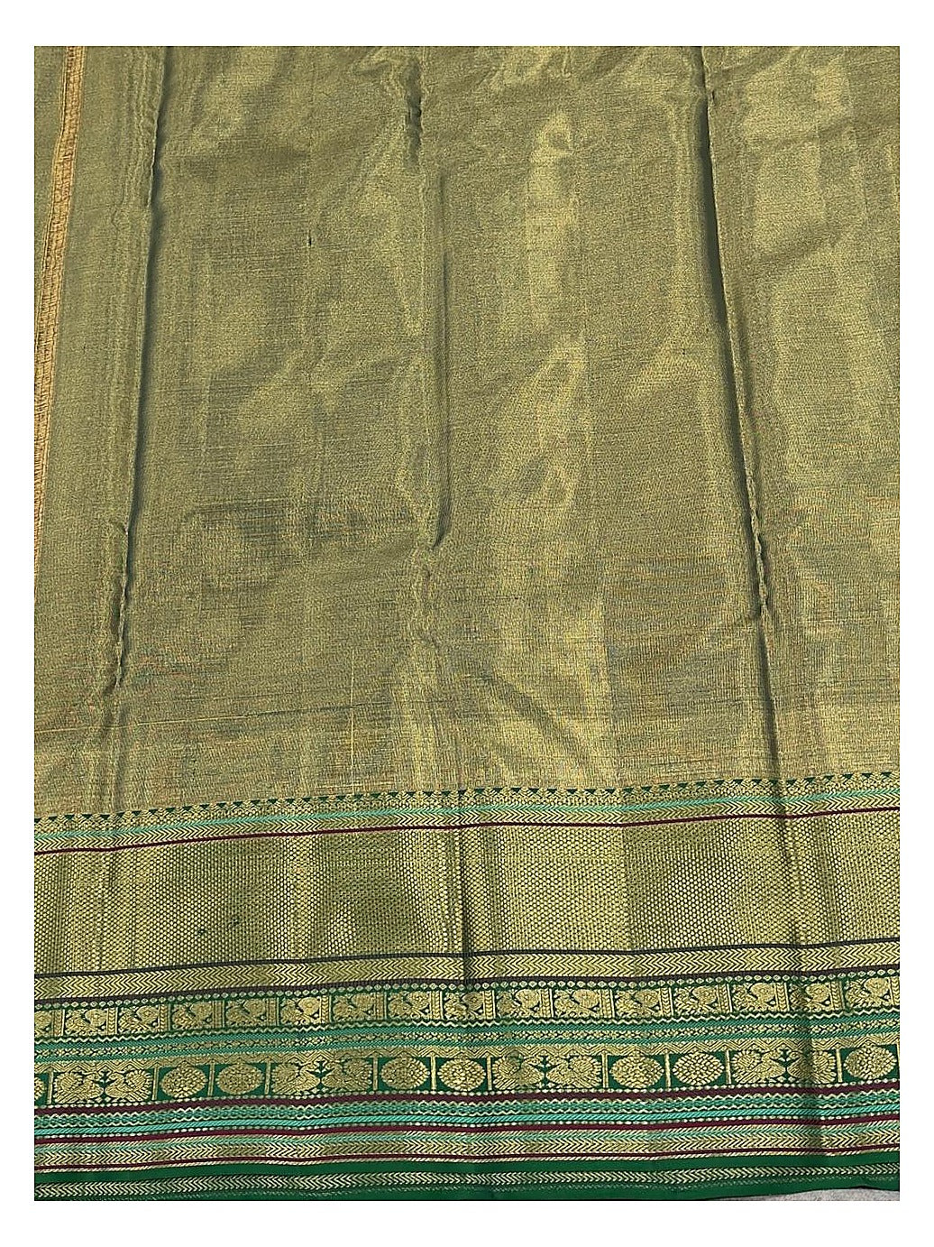 Soft Ivory Handwoven Kanchipuram Silk Saree with Gold Checked Motifs and Olive Green Zari Border