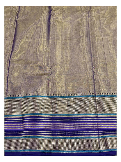 Soft Ivory Handwoven Kanchipuram Silk Saree with Gold Floral Motifs and Blue Purple Contrast Pallu