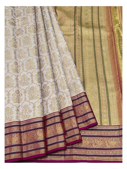 Soft Ivory Handwoven Kanchipuram Silk Saree with Plum Peacock Zari Border front view
