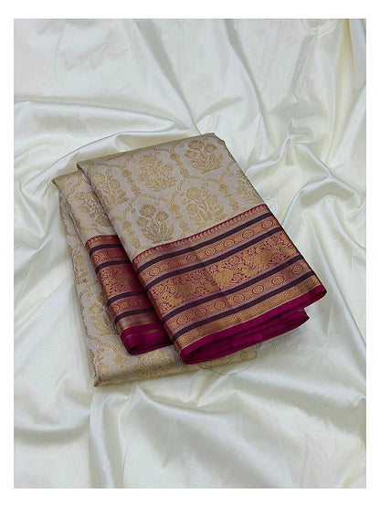 Soft Ivory Handwoven Kanchipuram Silk Saree with Plum Peacock Zari Border