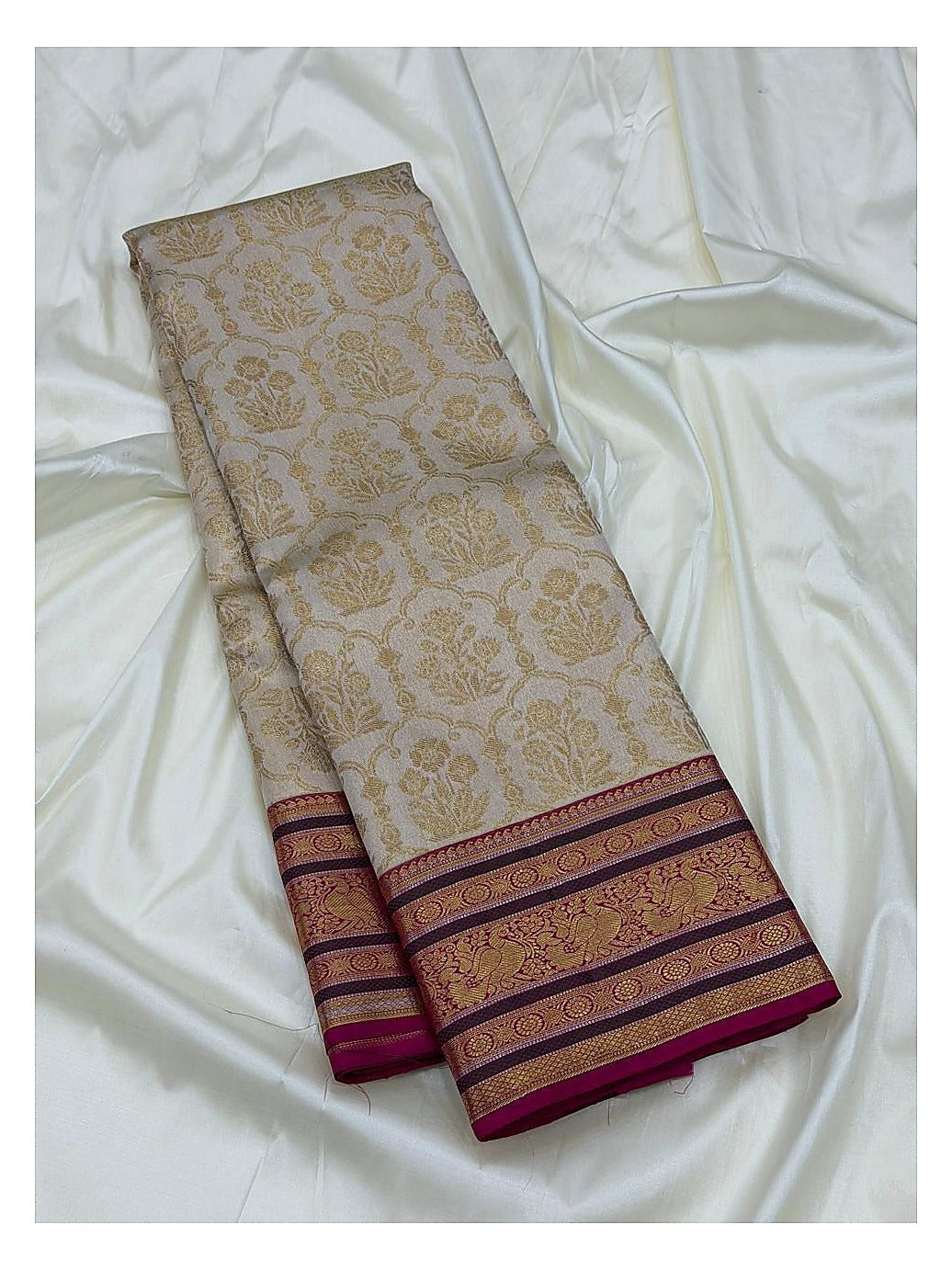 Soft Ivory Handwoven Kanchipuram Silk Saree with Plum Peacock Zari Border