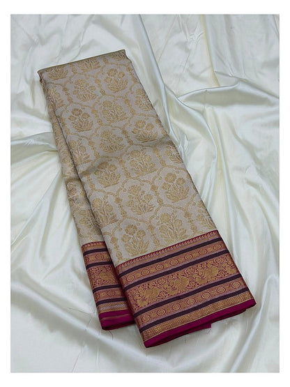 Soft Ivory Handwoven Kanchipuram Silk Saree with Plum Peacock Zari Border