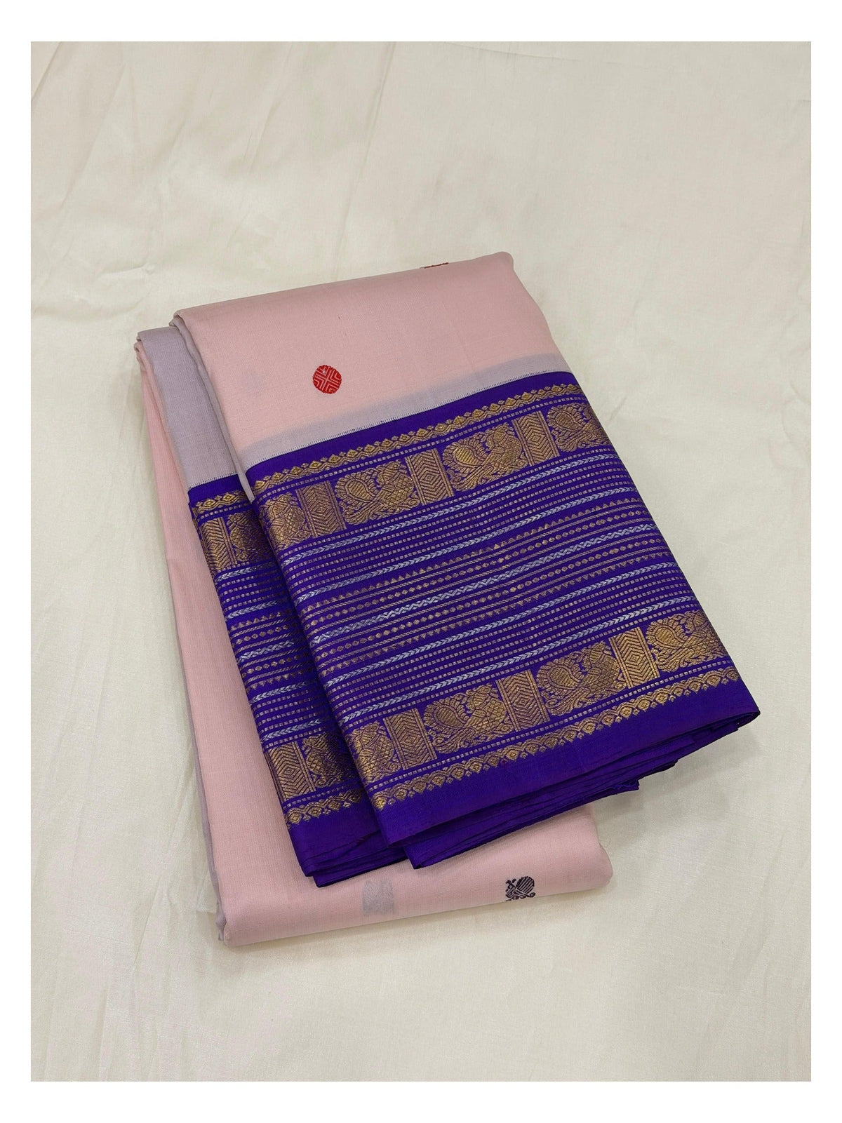 Soft Pink Handwoven Kanchipuram Silk Saree with Royal Purple Zari Border front view