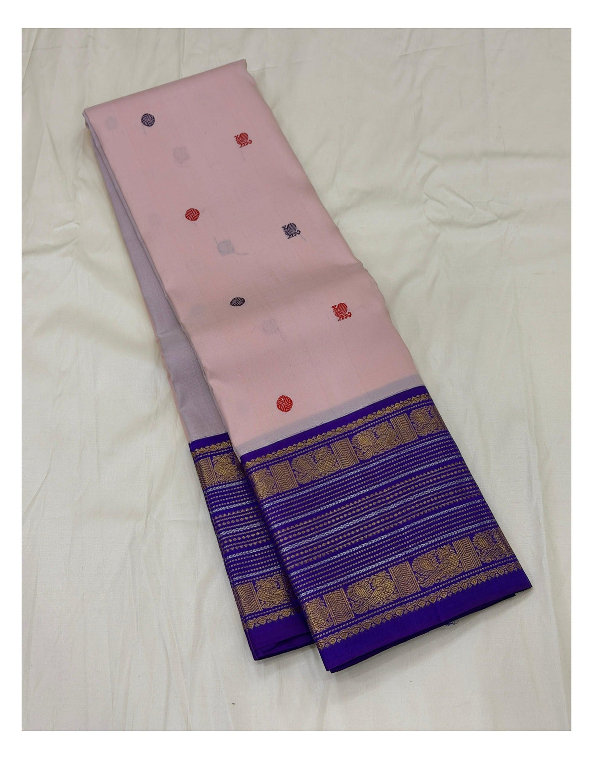 Soft Pink Handwoven Kanchipuram Silk Saree with Royal Purple Zari Border