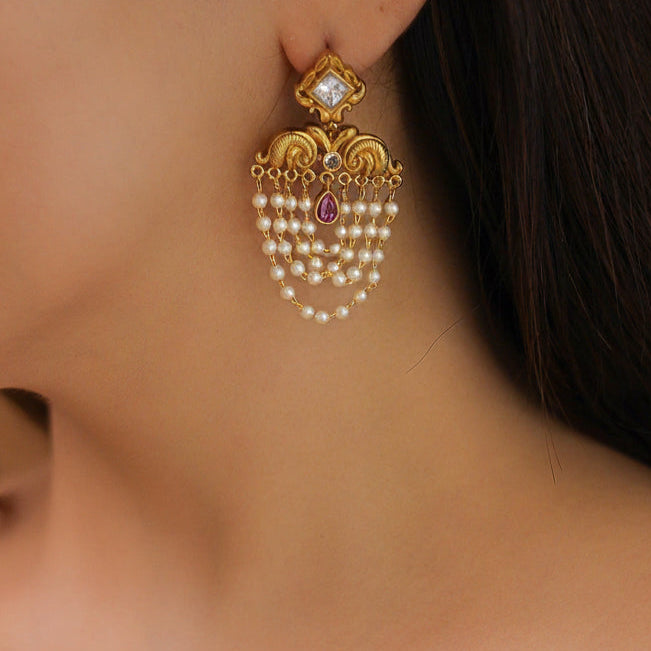 Statement Drop Earrings - Tourmaline Tone with Pearl Cluster Detail front view