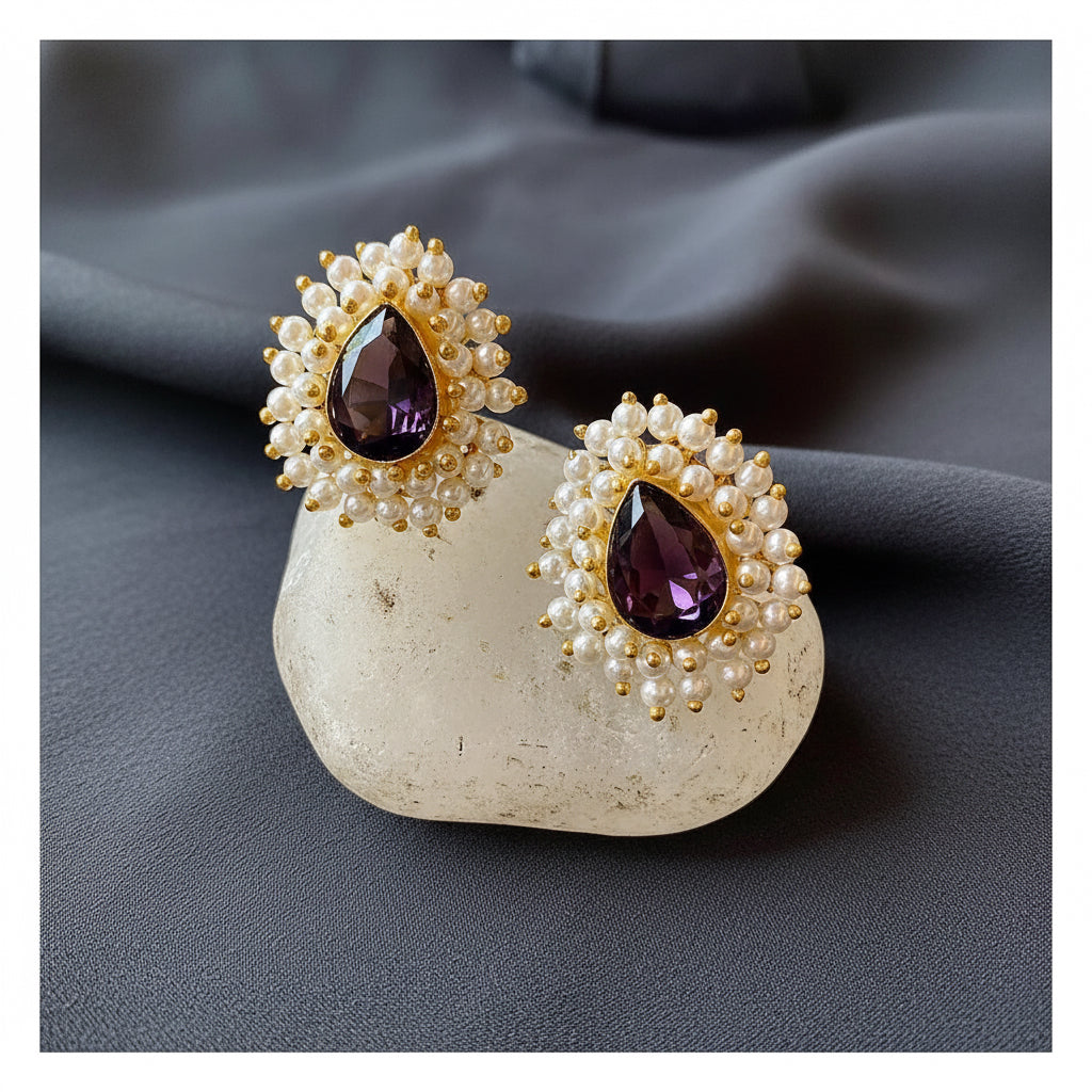 Stud Earrings - Purple Pear Stone with Pearl Cluster front view