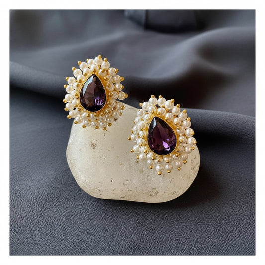 Stud Earrings - Purple Pear Stone with Pearl Cluster front view
