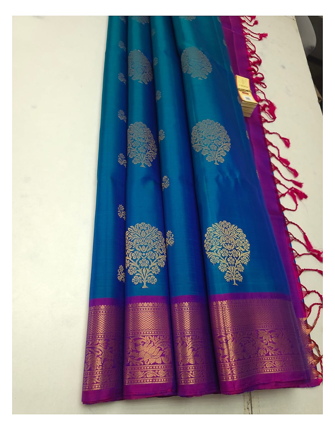 Teal Blue Kanchipuram Style Soft Silk Saree with Magenta Border front view