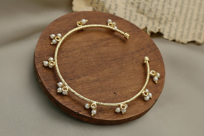Textured Pearl Bangle - Gold Tone Open Cuff with Pearl Charms
