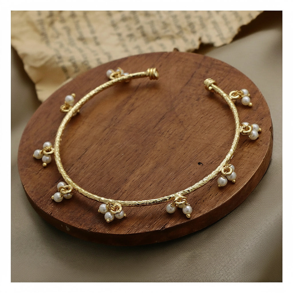 Textured Pearl Bangle - Gold Tone Open Cuff with Pearl Charms