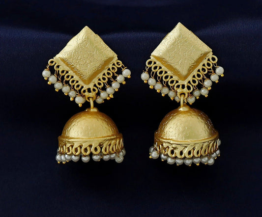 Textured Pearl Jhumka Earrings - Matte Gold Finish front view