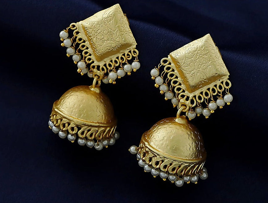 Textured Pearl Jhumka Earrings - Matte Gold Finish