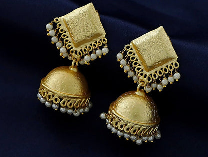 Textured Pearl Jhumka Earrings - Matte Gold Finish