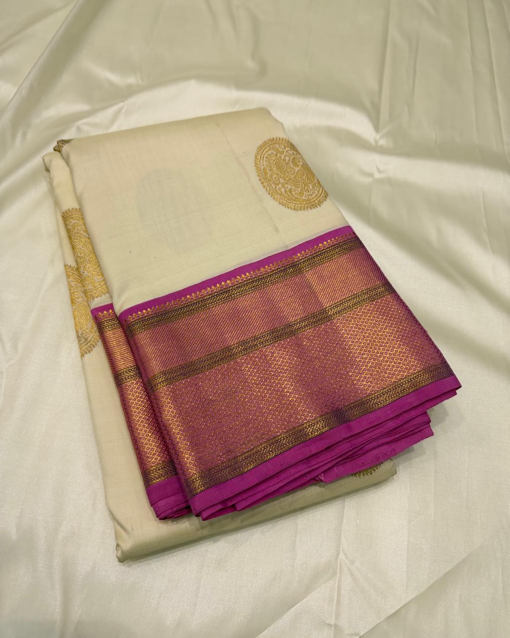 Silk Mark Certified ivory and magenta saree for festive occasions
