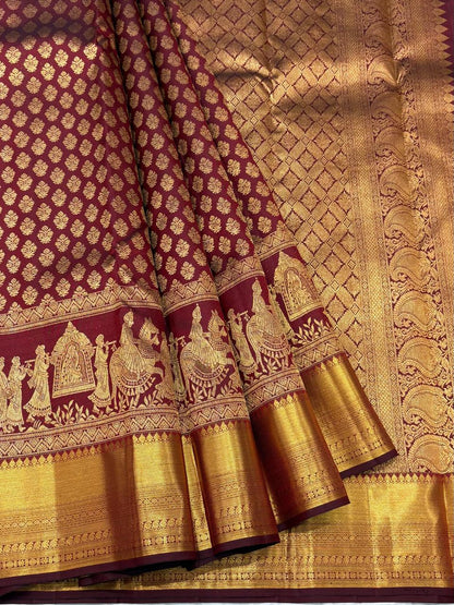 Maroon Kanchipuram silk saree with zari wedding procession border – full view