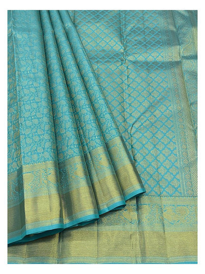 Turquoise Blue Handwoven Kanchipuram Silk Saree with Gold Floral Vine Weave and Peacock Zari Border front view