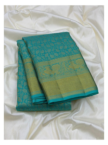 Turquoise Blue Handwoven Kanchipuram Silk Saree with Gold Floral Vine Weave and Peacock Zari Border